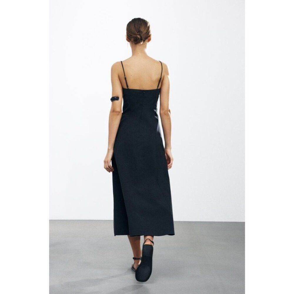 Zara Womens Midi Dress xl Navy Blue Poplin V-Neck Zw Collection 2973/257 NWT - Picture 2 of 14